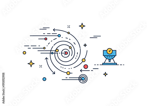 Galactic cosmic particles high-energy rays traveling across a stylized galaxy spiral toward a small detector symbol, expressing the scientific study of