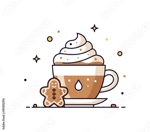 Gingerbread latte winter coffee drink topped with whipped foam and small gingerbread cookie decoration beside the cup. The scene captures sweet bakery aromas