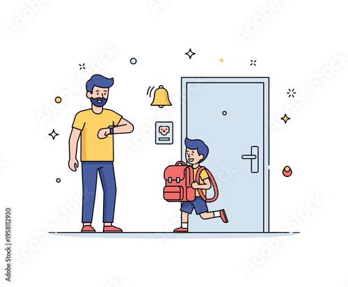Last minute morning rush where a parent checks a watch while a child quickly grabs a backpack by the door. The playful scene captures the familiar hurry of