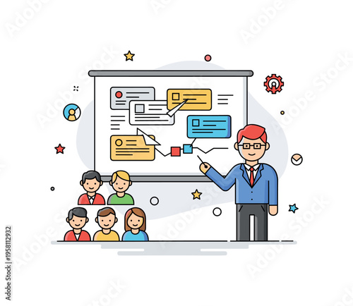 Agile project coordination featuring a task board with moving cards while a project manager icon collaborates with a small group of team members. The scene