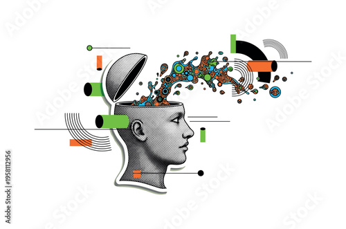 black-and-white retro human head with an open top and a glowing light bulb emerging from it, abstract geometric circles and diagonal lines radiating outward