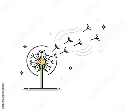 Dandelion wish symbol centered on a simple dandelion head with a few seeds floating away in soft curved motion lines, expressing hope carried by the wind. The