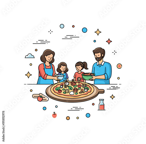 Making pizza together centered on a large round dough topped with colorful ingredients as two family members sprinkle toppings, symbolizing creativity and