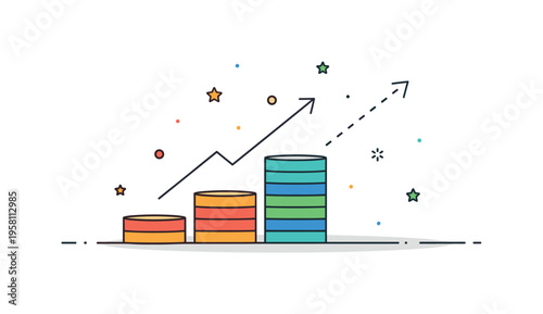 Financial trend projection stacked coins aligned with a rising arrow and dotted extension line indicating future performance. A confident visual metaphor about