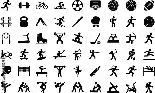 A collection of various sports icons and equipment on a white background