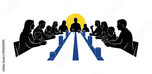 Black and white long dining table stretching into perspective with family figures on both sides, vivid yellow circle behind central figure, deep blue
