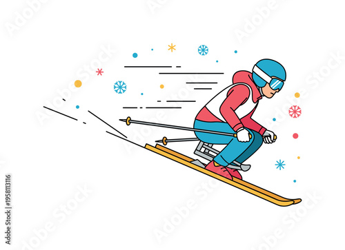 Paralympic skiing athlete racing downhill on adaptive sit ski equipment with small snowflakes and speed lines surrounding the motion. The scene conveys winter
