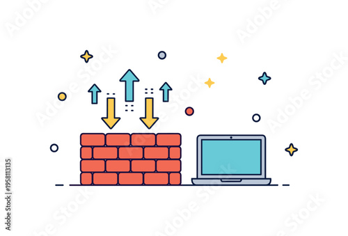 Firewall icon digital security concept with a small brick wall standing between a laptop and a cluster of incoming data arrows. The clear visual metaphor