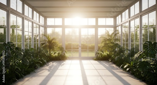 Sunlit Conservatory filled with lush green plants and natural light creating a serene and tranquil atmosphere perfect for relaxation and nature appreciation