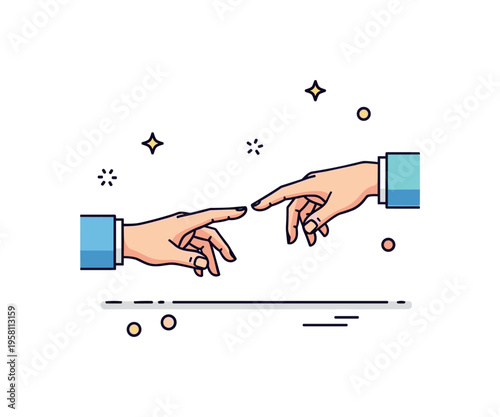 Hands reaching moment with two hands extending toward each other across a small open space, fingertips almost touching. The scene symbolizes connection,