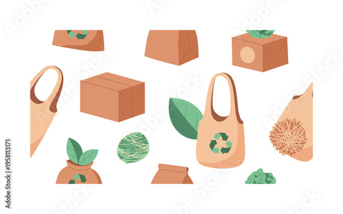 eco friendly packaging materials kraft paper boxes reusable bags leaves and fiber textures illustrated as decorative sustainability motifs, flat vector smooth