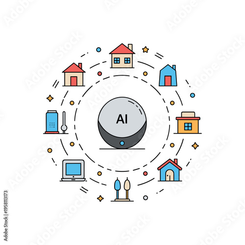 Future home AI integration concept featuring a central smart assistant device surrounded by neatly arranged household icons forming a cohesive circular badge.