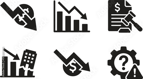 A collection of black and white icons representing finance and business concepts