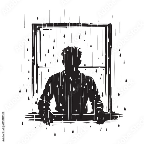 Black Looking window rain Silhouette Vector, High Quality Illustration on White Background