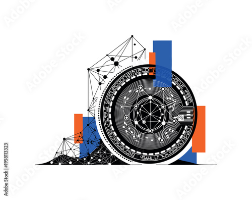 black and white coin with blockchain network lines engraved on its surface rising upward symbolizing digital currency growth, white cut-out outline effect,