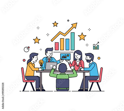 Startup team collaboration small group of entrepreneurs discussing ideas around a table while a rising chart icon and star symbols emphasize shared vision and
