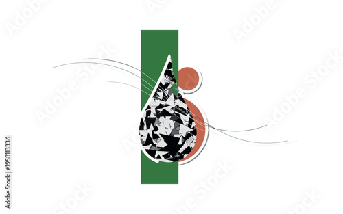 Black and white water droplet icon overlaid on geometric pipe network lines, abstract circular sensors placed along the grid, large flat circle backdrop