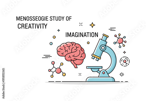Scientific study of creativity featuring a brain icon beside a microscope and small neural network symbols representing research into cognitive processes. The