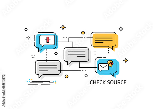 Online rumor chain represented by connected chat bubbles passing along an incorrect message. A subtle glitch effect and a minimal ?Check Source? text detail