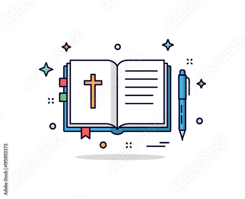 Spiritual journaling ritual featuring an open notebook with a small cross symbol and a pen resting beside it, suggesting thoughtful reflection and scripture