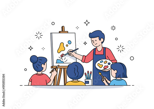 Painting workshop learning moment with an instructor guiding students while demonstrating blending colors on a canvas. Small decorative spark accents highlight