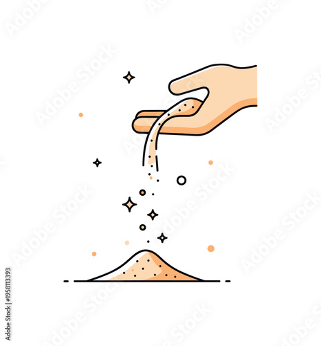 Sand pouring concept small stream of sand grains falling from a hand while tiny sparkle icons suggest texture and natural flow. The scene reflects the tactile