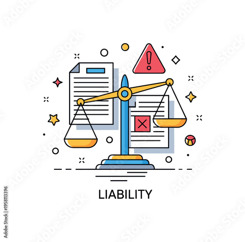 Liability concept showing a balance scale with documents and warning symbols, small decorative icons emphasizing fairness, accountability, and risk management.