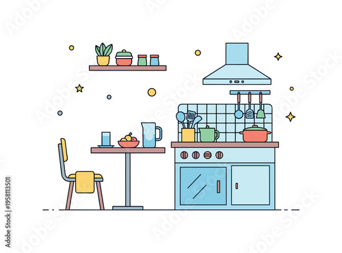 Cozy minimal kitchen corner with a small table, a few cooking tools, and a clean backsplash, highlighting simplicity, organization, and home comfort.