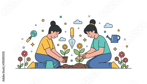 Summer gardening together two friends caring for young plants while a small watering can and bright flowers create a lively early summer garden scene filled