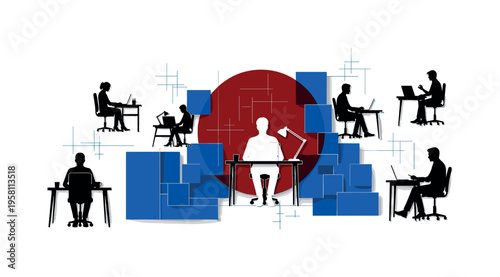 Black and white multiple freelance silhouettes sitting at desks in scattered formation, bold deep red circle rising behind central figure, cobalt