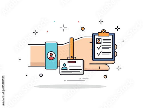 Medical wrist ID band concept centered on a wrist with a simple identification tag while a tiny clipboard icon suggests patient records and treatment tracking.