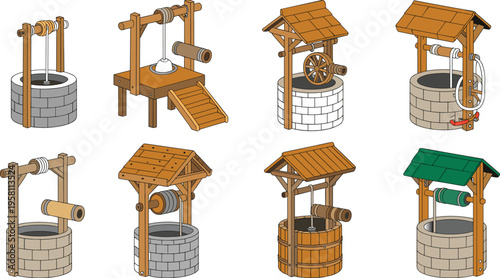 Water well icons set with bucket, rope and wooden frame, traditional village water source vector illustration isolated background