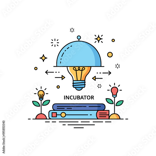 Startup mentorship guidance illustrated by a glowing lightbulb protected under a small dome labeled ?Incubator? while tiny arrows and spark icons show growth.