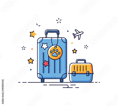 Pet friendly travel suitcase with a pet paw tag and small carrier box while tiny airplane and star icons suggest comfortable journeys designed for animals. The
