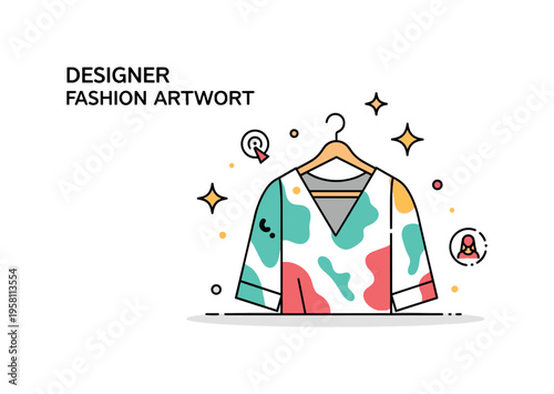 Designer fashion artwork clothing hanger holding a garment with abstract artistic patterns while small sparkle icons emphasize uniqueness and