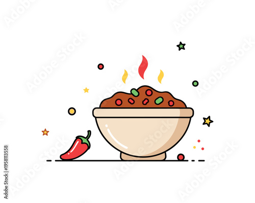 Chili in a bowl spicy comfort meal with a rich bowl of chili placed beside a tiny pepper icon symbolizing heat and flavor. The appetizing scene highlights