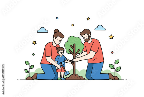 Family nature activity parents and child planting a tree together while small plants grow nearby forming a peaceful outdoor environment. The scene expresses
