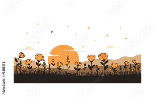 Golden hour in bloom stylized wildflowers in the foreground silhouetted against a glowing round sun dipping behind distant hills. A poetic visual metaphor for