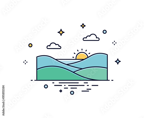 Serene landscape concept featuring soft rolling hills beneath a calm sky with a small sun resting near the horizon, expressing stillness and natural balance.