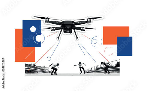 black and white drone flying above an urban street capturing skaters below, white cut-out outline around the drone, abstract circles and diagonal lines