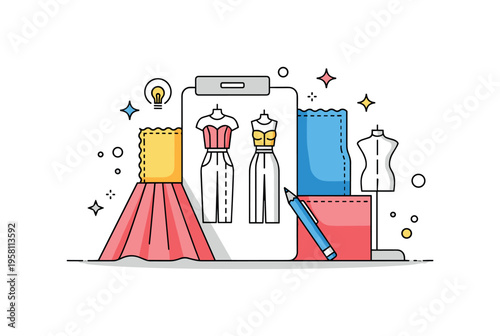 Creative fashion design studio clothing sketch placed beside fabric pieces and small star icons suggesting the artistic process of transforming ideas into