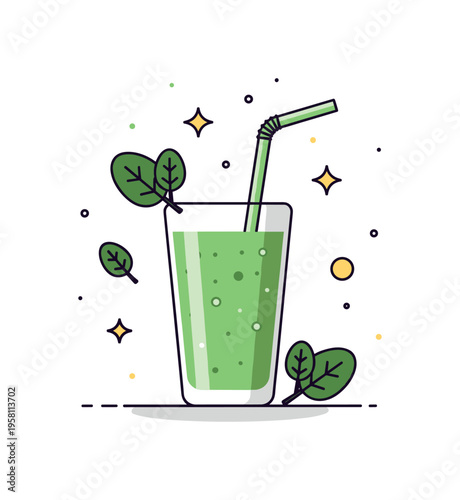 Green detox smoothie idea illustrated through a tall glass filled with green blend and small spinach leaf icons nearby, symbolizing nutritious choices and