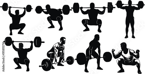 Weightlifting athlete silhouette set, barbell squat and deadlift exercise collection, strength training workout vector, fitness gym sports illustration bundle
