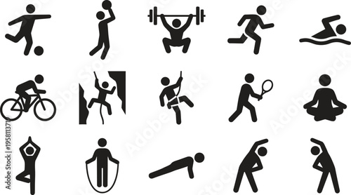 A collection of black stick figures depicting various sports and fitness activities on a white background