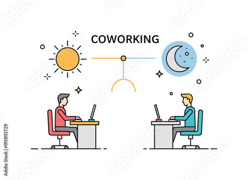 Virtual coworking across time zones represented by two desks under contrasting sun and moon icons linked by a glowing connection line, suggesting shared focus