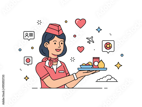 Cabin crew hospitality moment smiling flight attendant presenting a small snack tray while hearts and sparkle icons subtly express kindness and welcoming