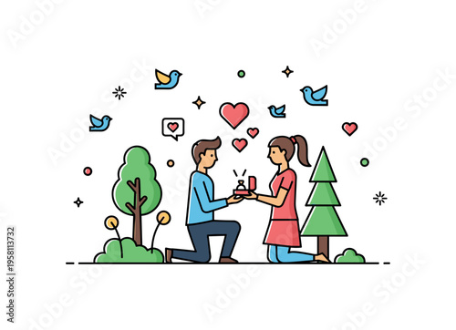 Nature proposal romantic scene with a person kneeling beside a small forest clearing while holding a ring box as birds and tiny heart icons appear around them.