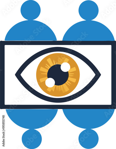 Symbolic representation of a watchful eye observing a group of diverse people in a stylized illustration