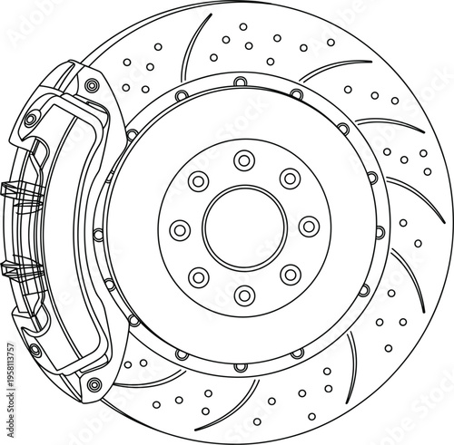 Car disc brake vector with ventilated rotor and caliper, technical line drawing of automotive braking system