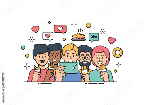 Street food selfie with friends group holding street snacks while a smartphone captures a fun selfie surrounded by hearts and spark icons suggesting